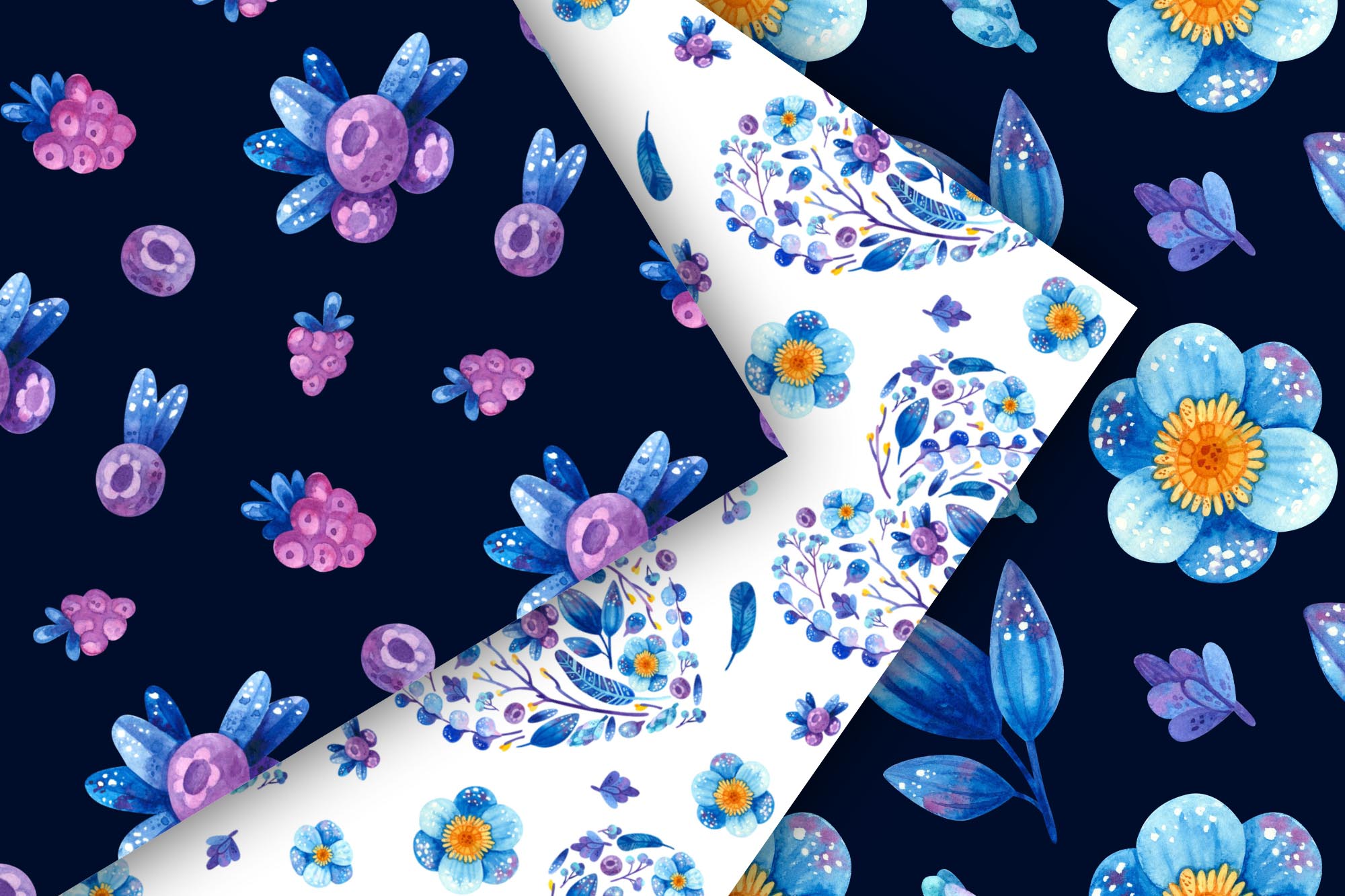 Blue flowers and berries watercolor clipart patterns.