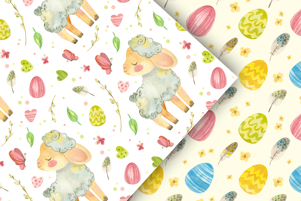 09Easter lamb - watercolor clipart, seamless patterns & card templates for Easter decorations.