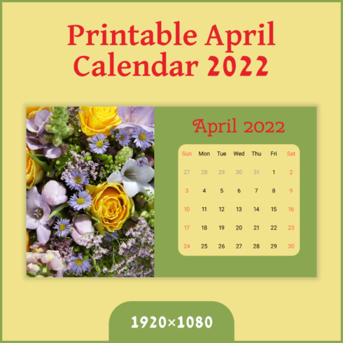 Bright and Juicy April Calendar with Yellow and Purple Flowers for 2022.