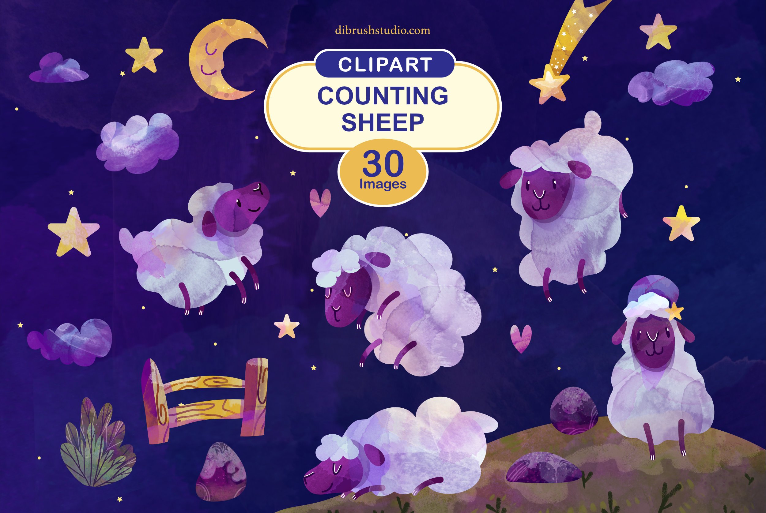 Clipart - Watercolor Counting Sheep.