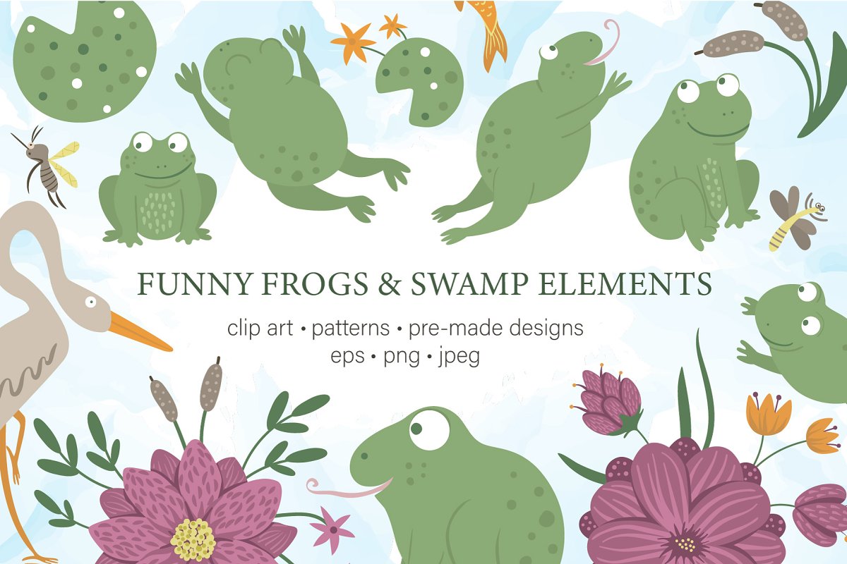 The main image preview of Funny Frogs and Swamp Elements.