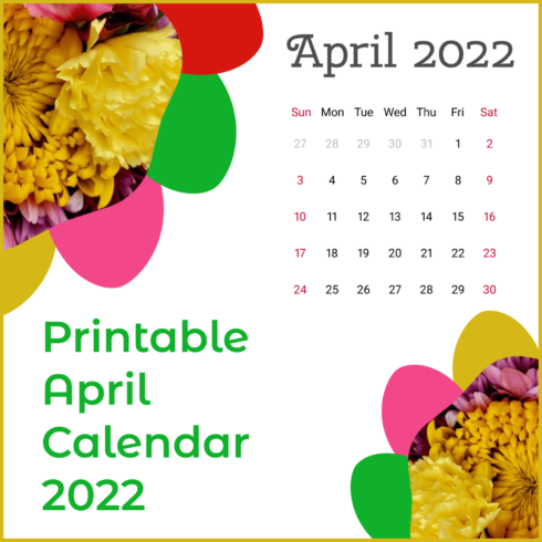 Super Bright April Calendar for 2022 with Yellow Flowers.