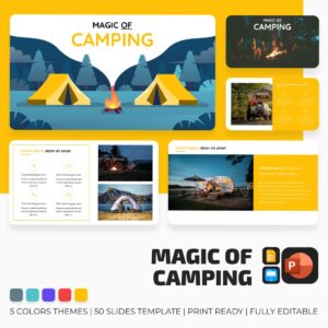 Camping Presentstion: 50 Slides PPTX, KEY, Google Slides main cover.