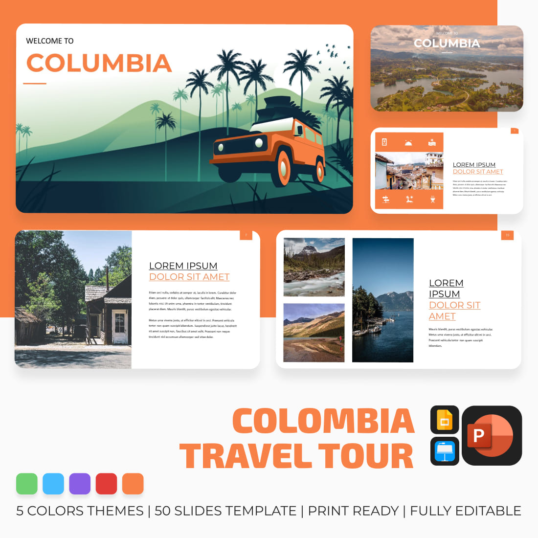 Сolombia Travel Presentstion: 50 Slides PPTX, KEY, Google Slides main cover.