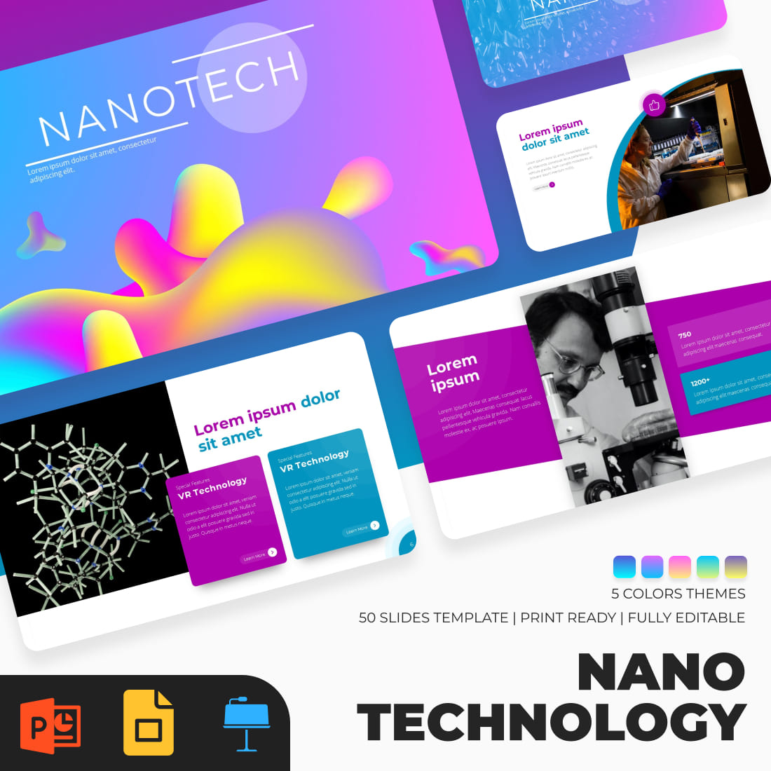 Nano Technology Presentation: 50 Slides PPTX, KEY, Google Slides main cover.