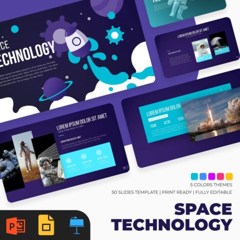 Space Technology Presentstion: 50 Slides PPTX, KEY, Google Slides main cover.