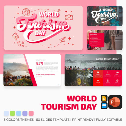 World Tourism Day Presentstion: 50 Slides PPTX, KEY, Google Slides main cover.