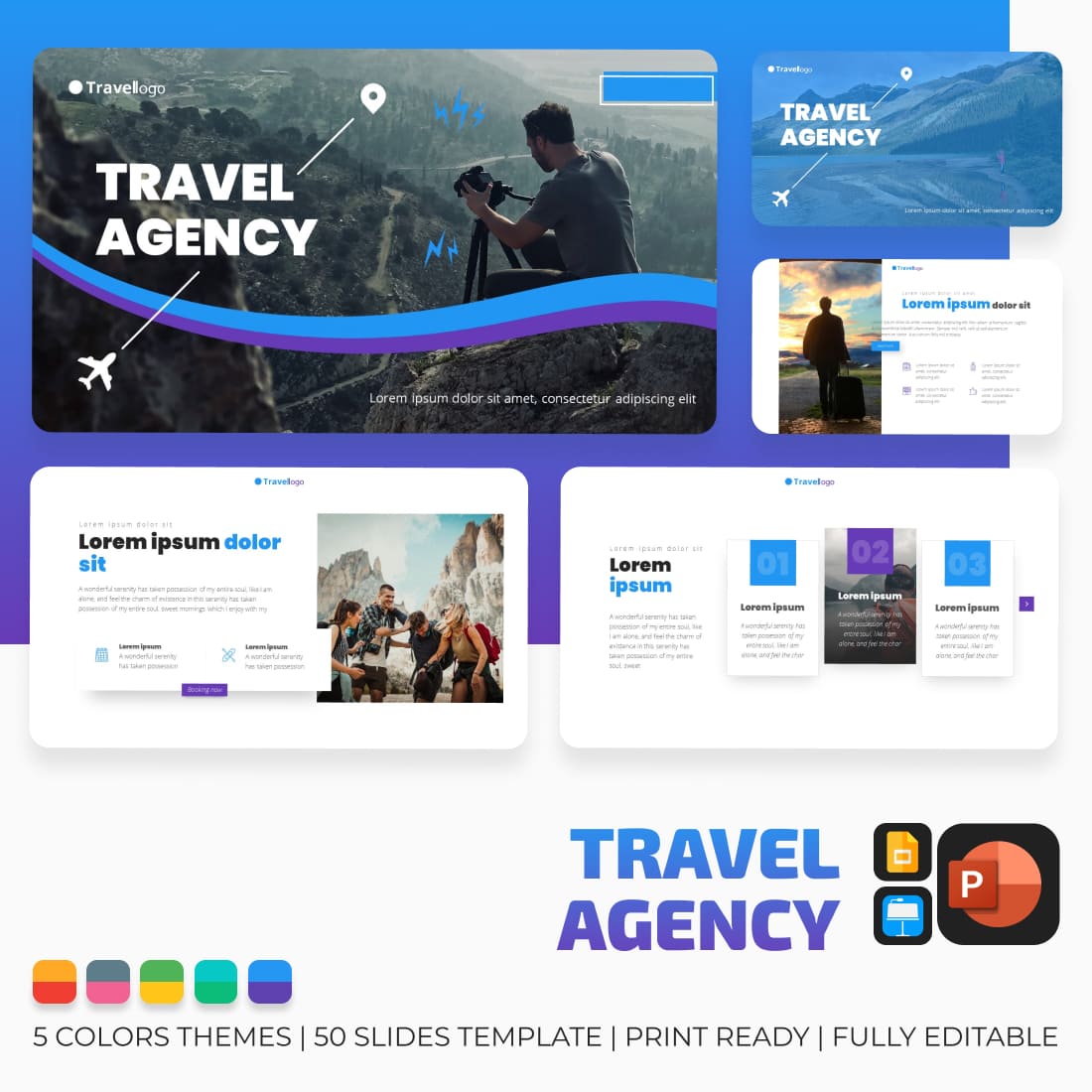Travel Agency Presentstion: 50 Slides PPTX, KEY, Google Slides main cover.