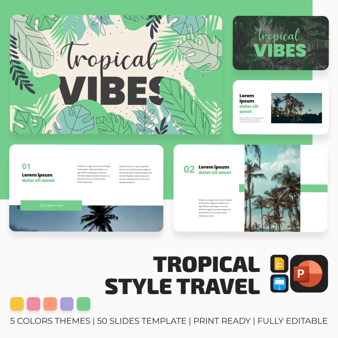 Tropical Presentstion: 50 Slides PPTX, KEY, Google Slides main cover.