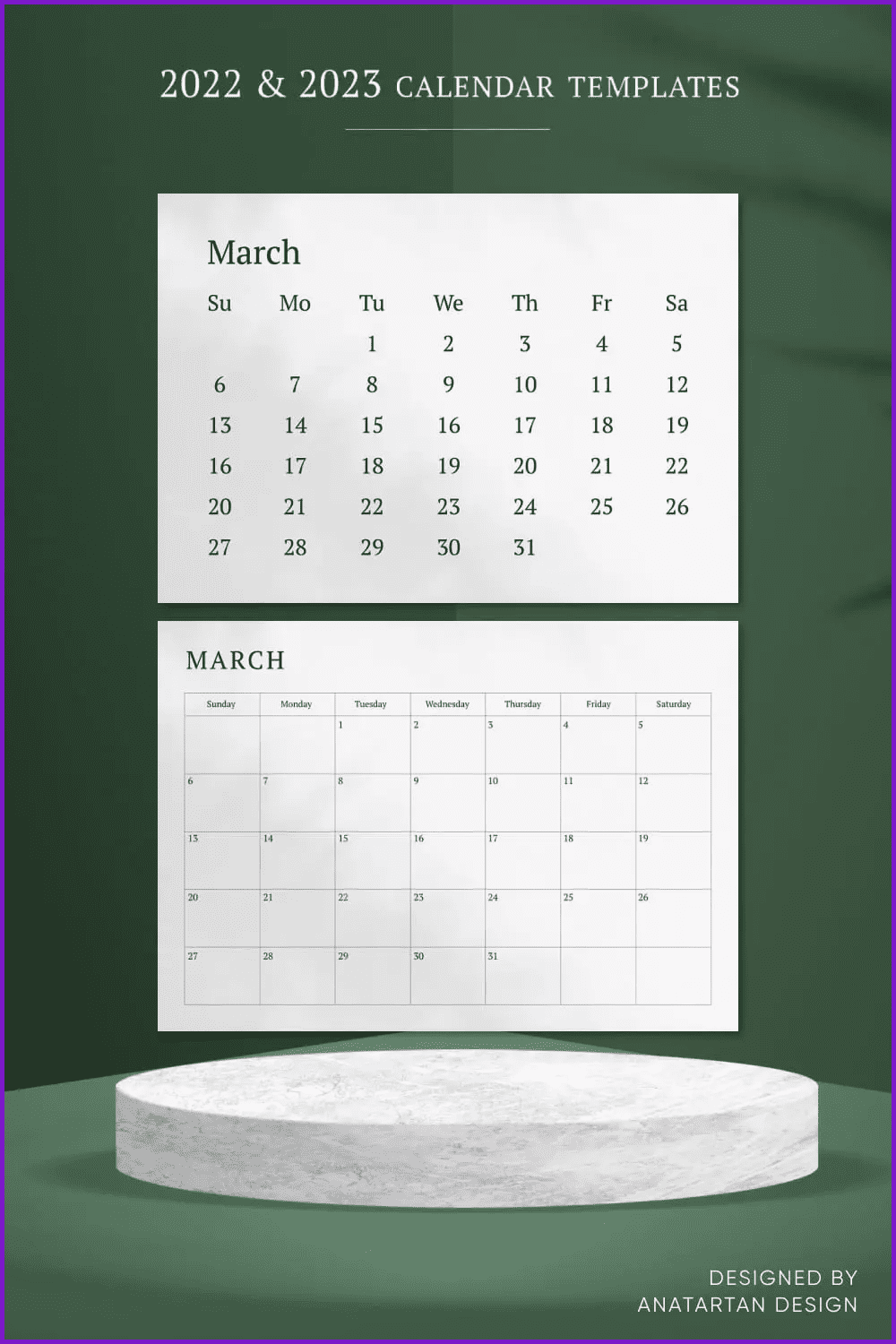Simple elegant calendar in green color.