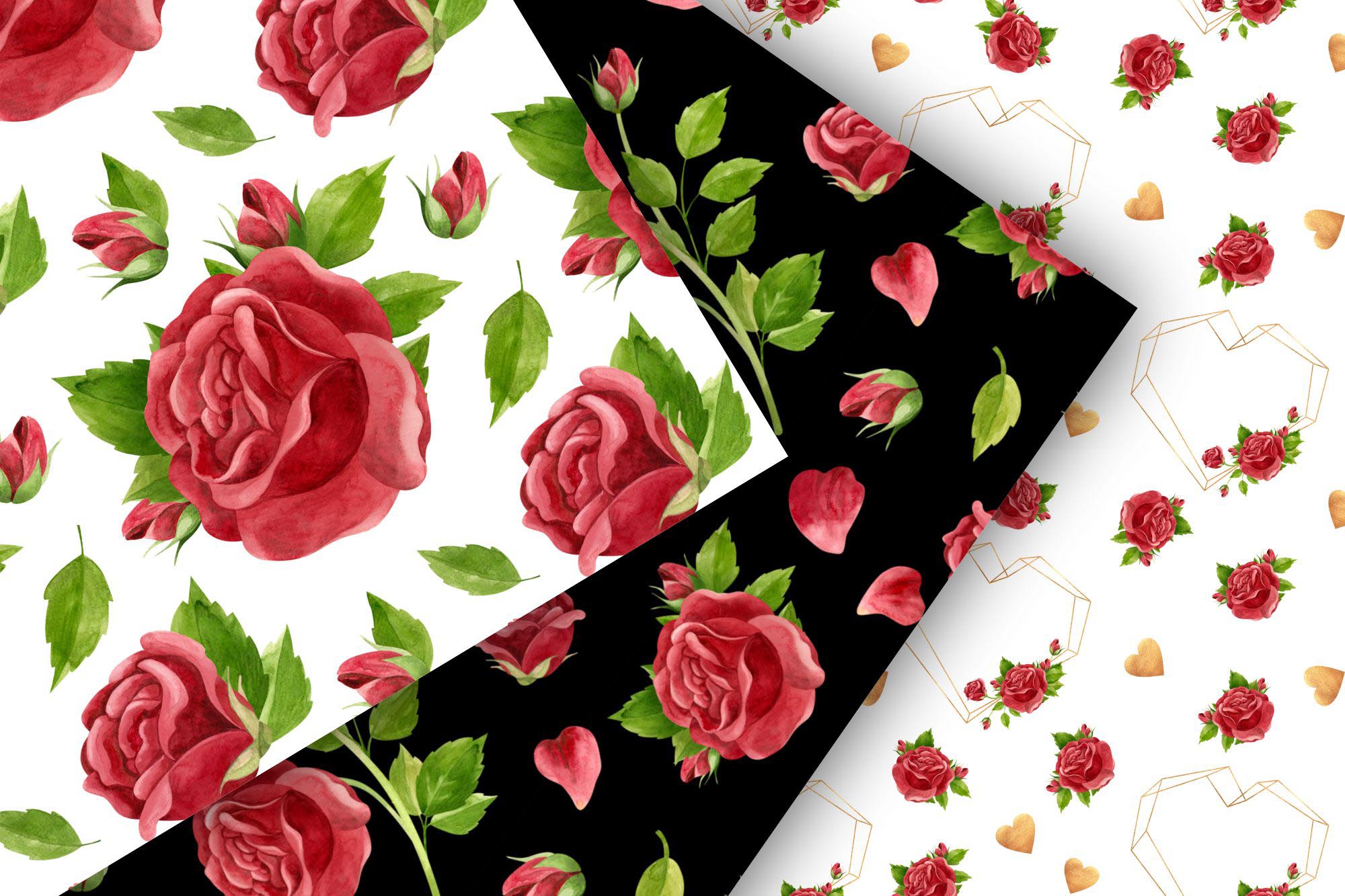 Watercolor pink and red roses - clipart, botanical seamless patterns, floral wreaths, hearts and gold frames. Flowers clip art.