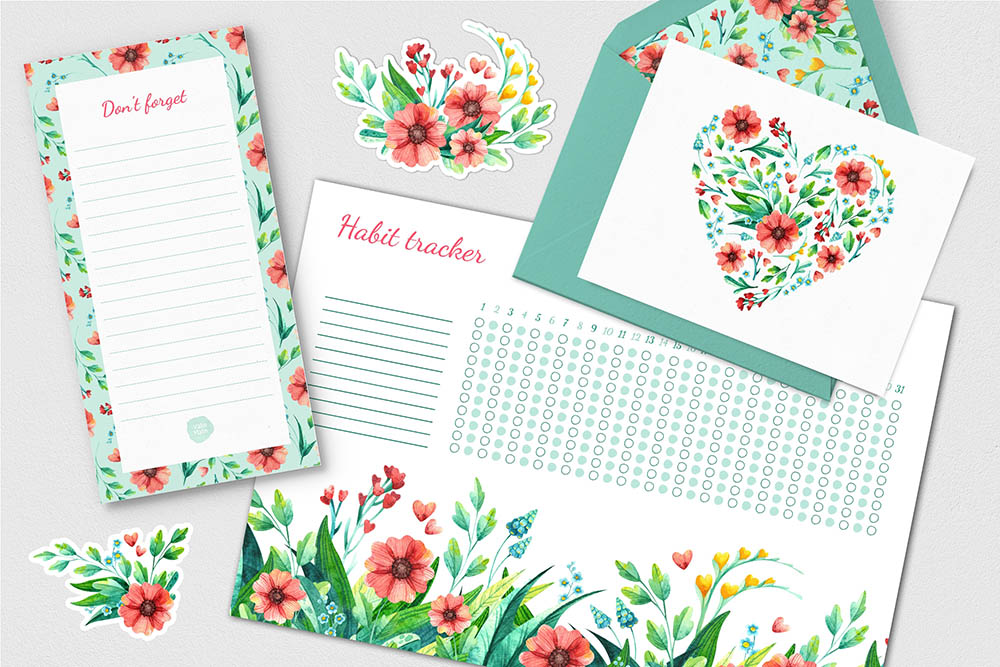 Spring Flowers Watercolor Clipart mockup.