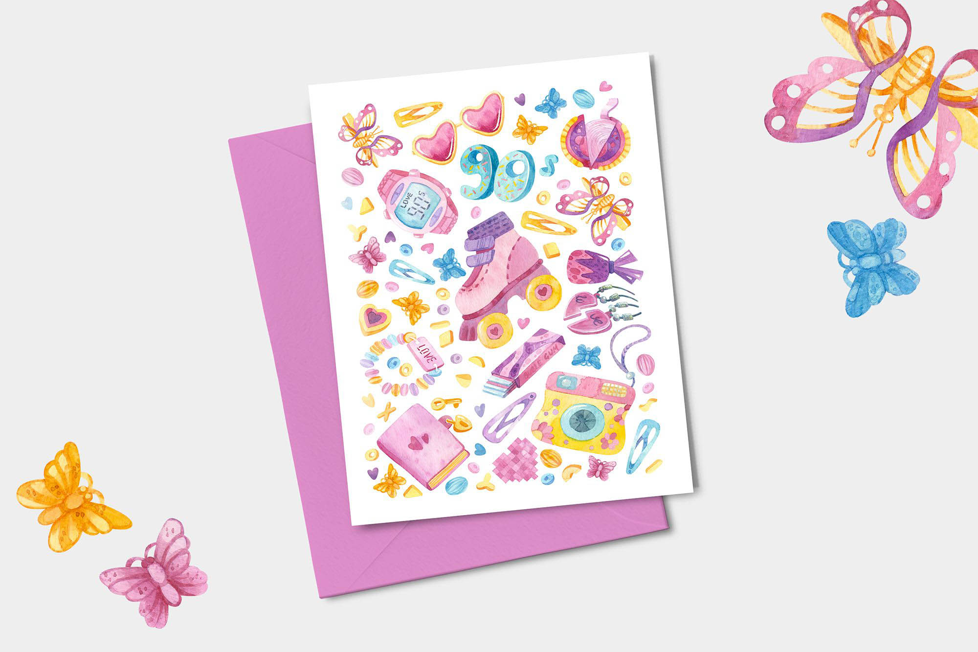 90s - Watercolor clipart Girlish printable birthday card.