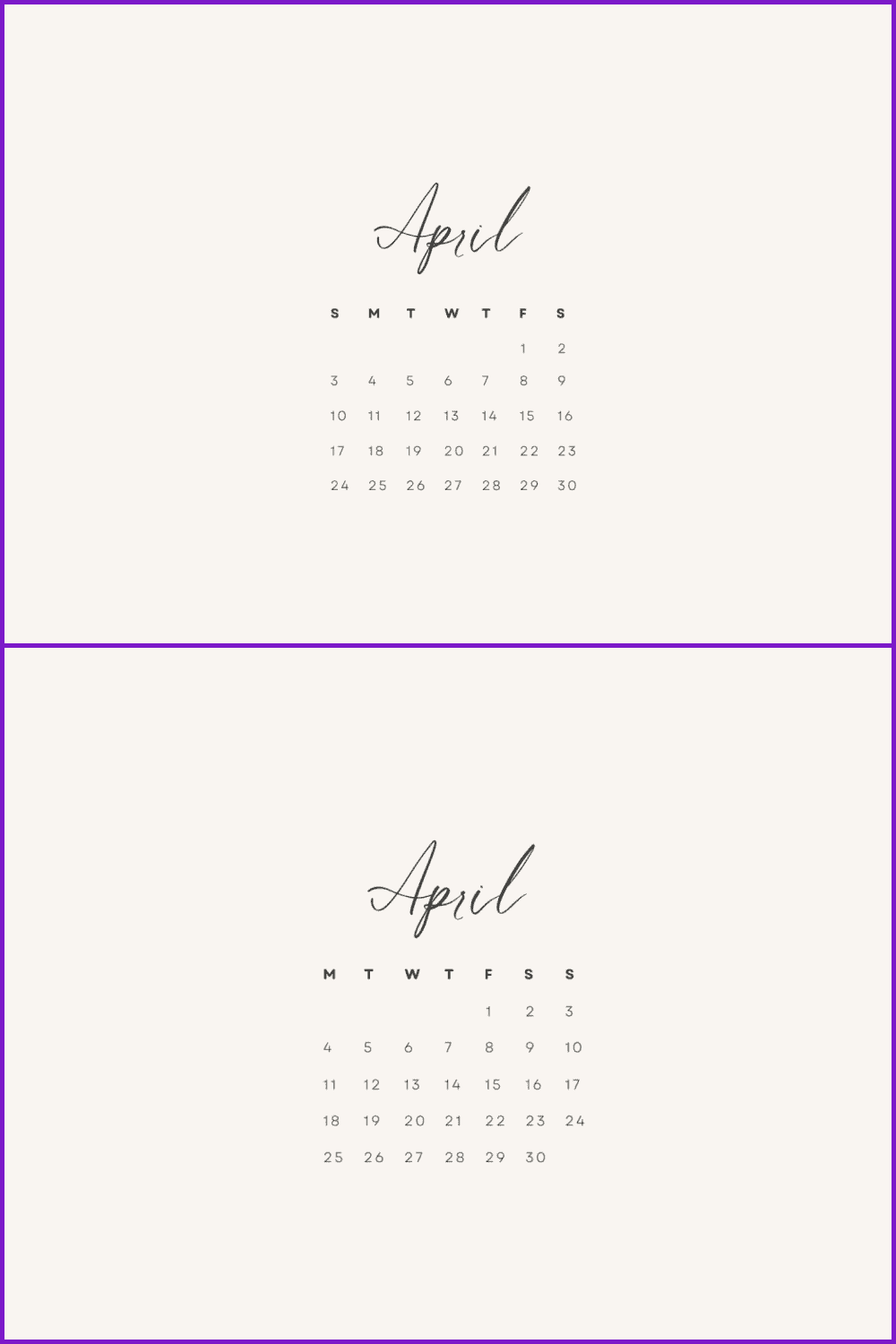 Neutral beige minimalistic April 2022 calendar.