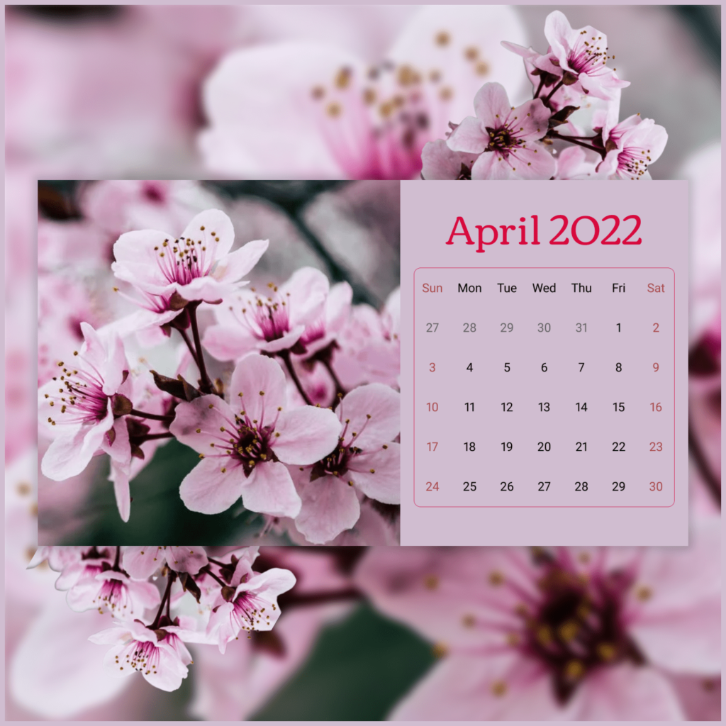 Purple Printable April Calendar For 2022 With Blooming Cherry 