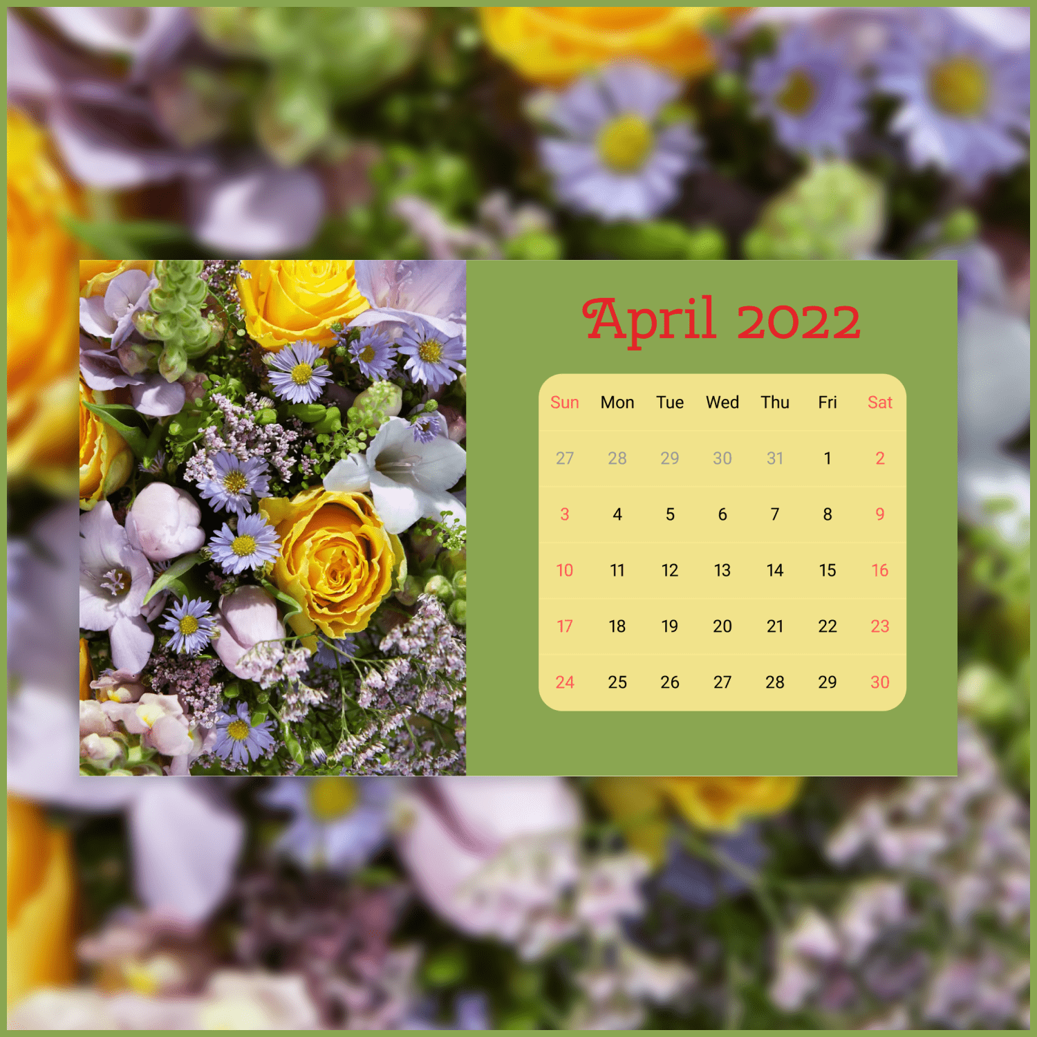 Bright and Juicy April Calendar with Yellow and Purple Flowers for 2022 cover.