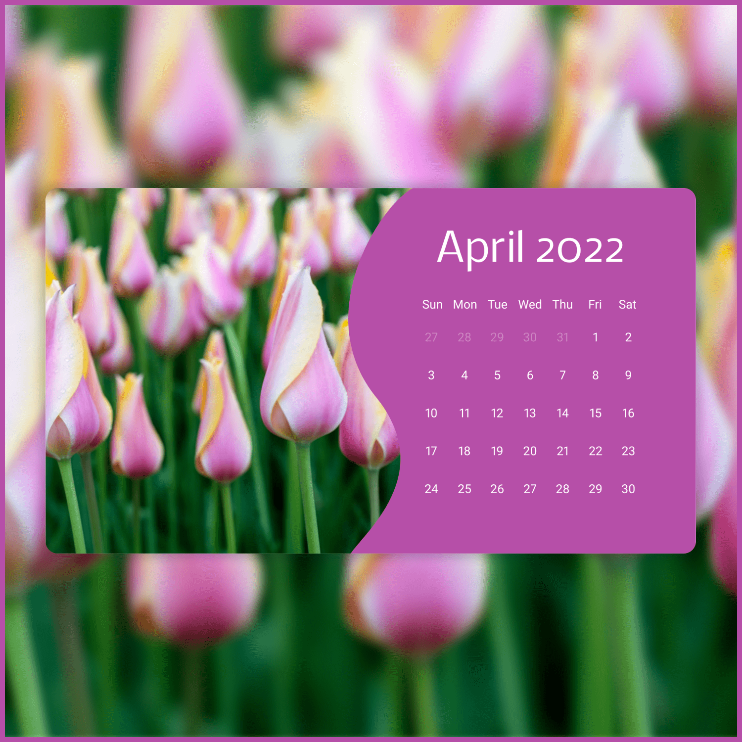 Printable Tender Calendar with a Pink Flower for April 2022 cover.