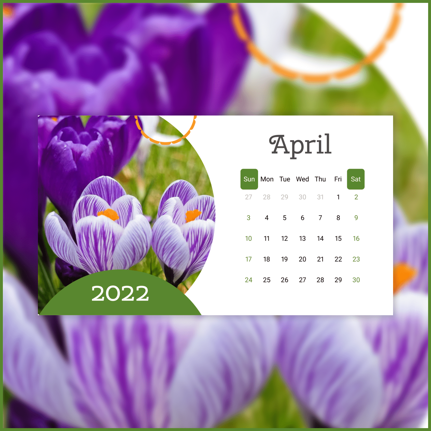 Free Printable April Calendar 2022 with Purple Flowers cover.