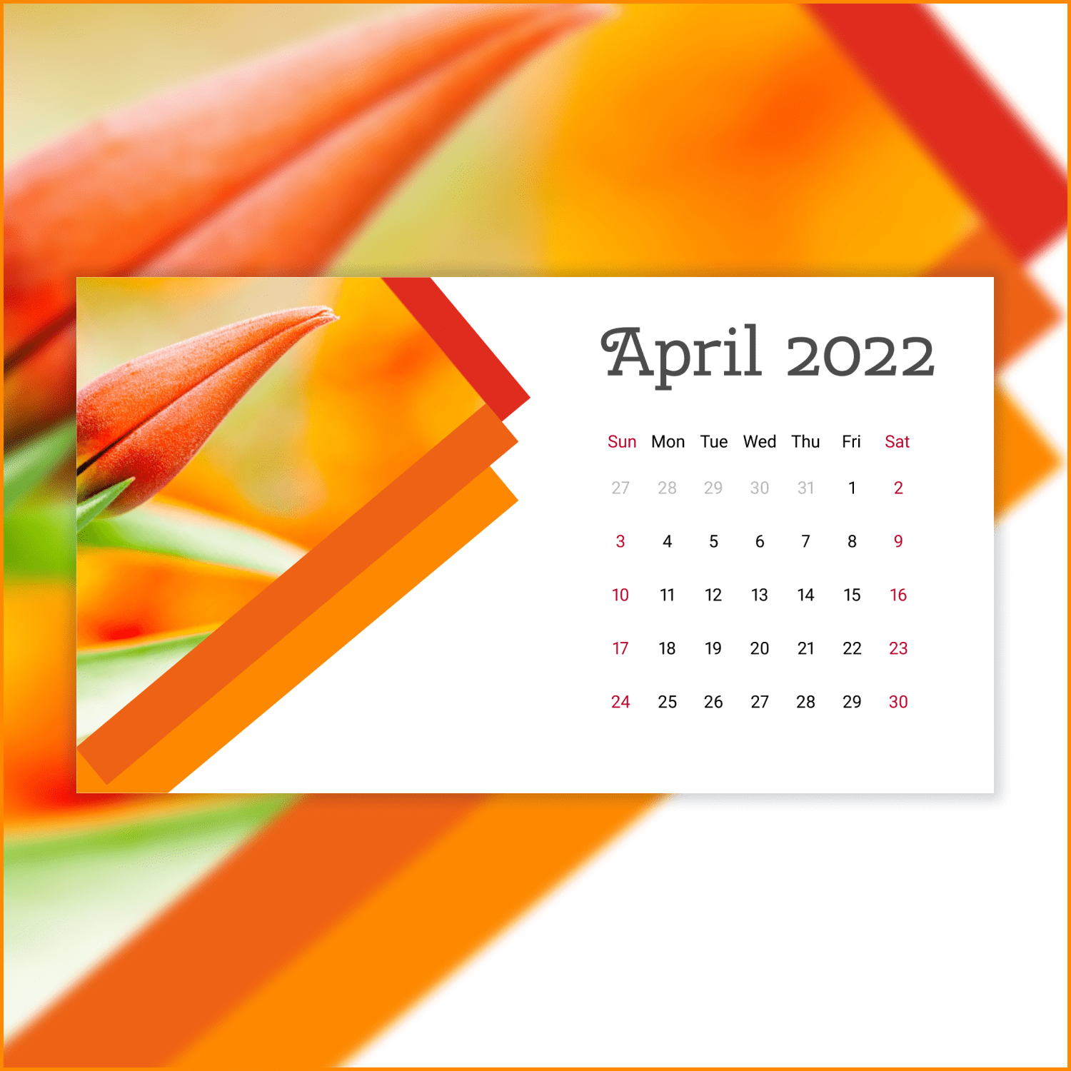 Free Printable Orange Calendar with a Flower for April 2022 cover.