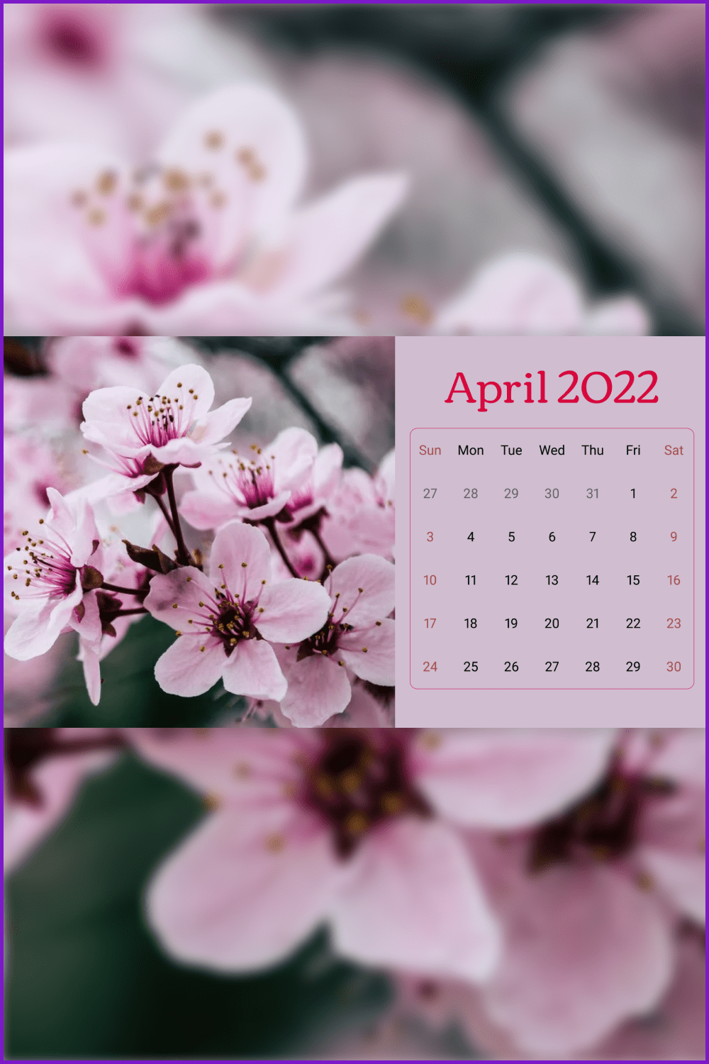 Tender violet colors calendar with flowers.
