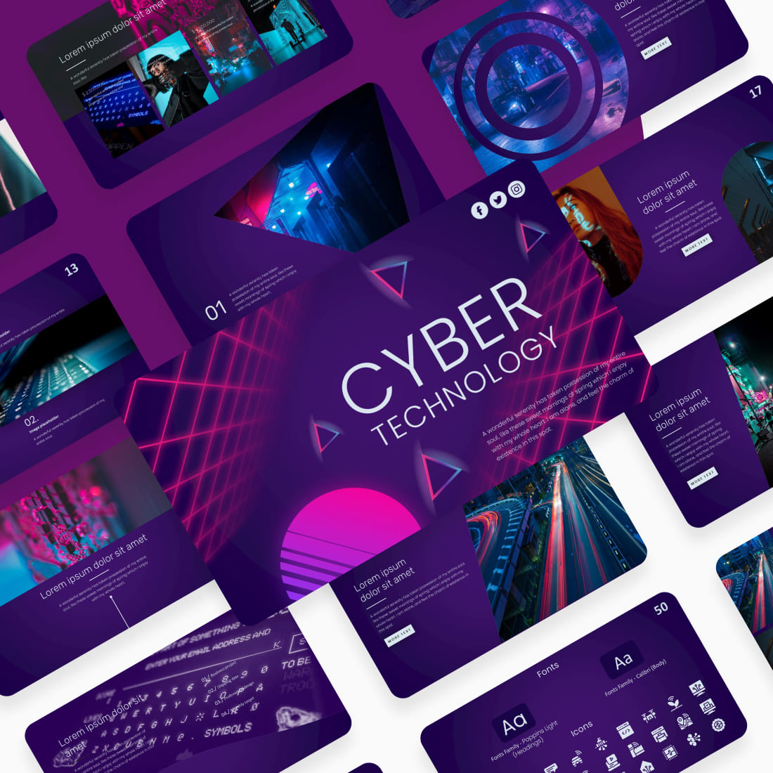 Cyber Technology Presentstion: 50 Slides PPTX, KEY, Google Slides cover image.