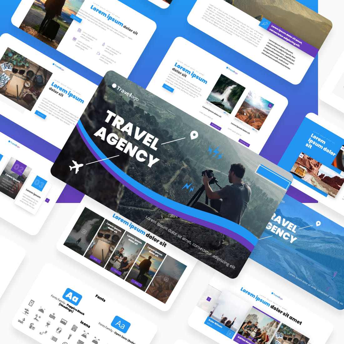 Travel Agency Presentstion: 50 Slides PPTX, KEY, Google Slides cover image.