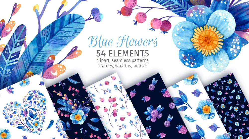 Blue flowers and berries watercolor clipart, floral seamless patterns, wreaths, frames PNG. Botanical clip art