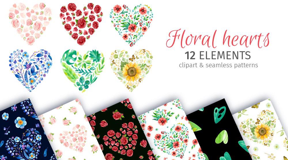 Watercolor Floral Hearts PNG Clipart preview.