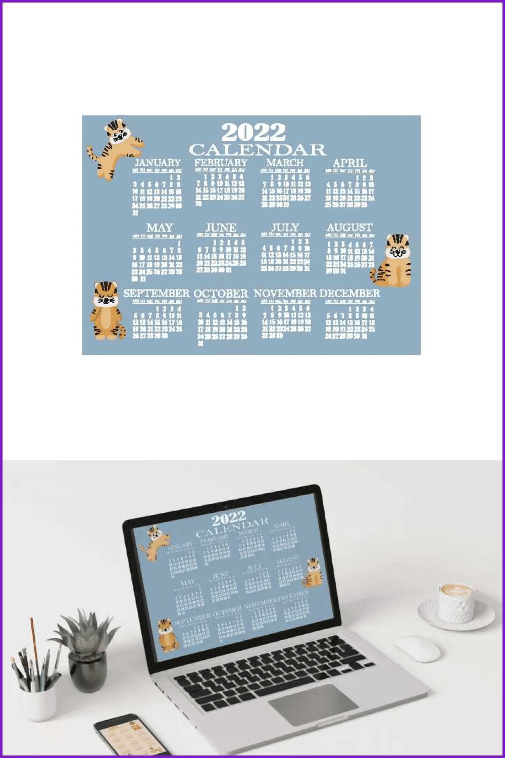 Calendar for 2022 with cute cartoon tigers.