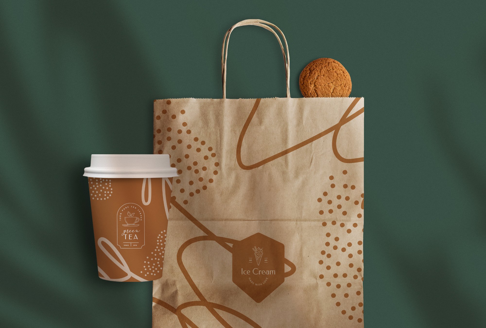 Previews of logos on the coffee cup and craft package.
