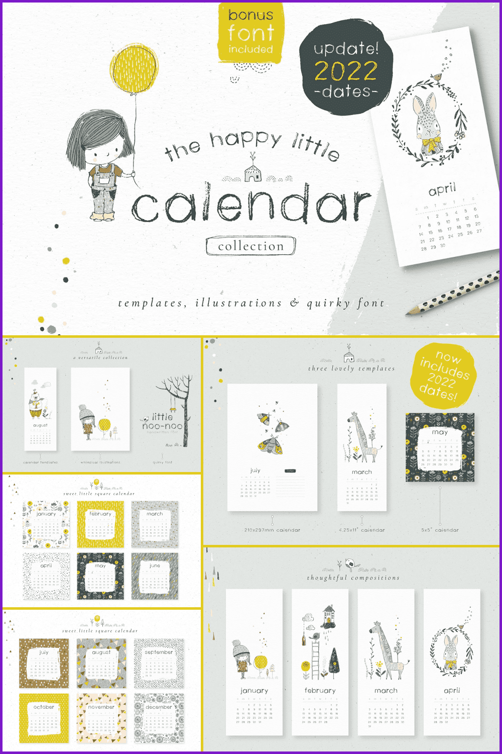 Cute calendar with drawn illustrations.