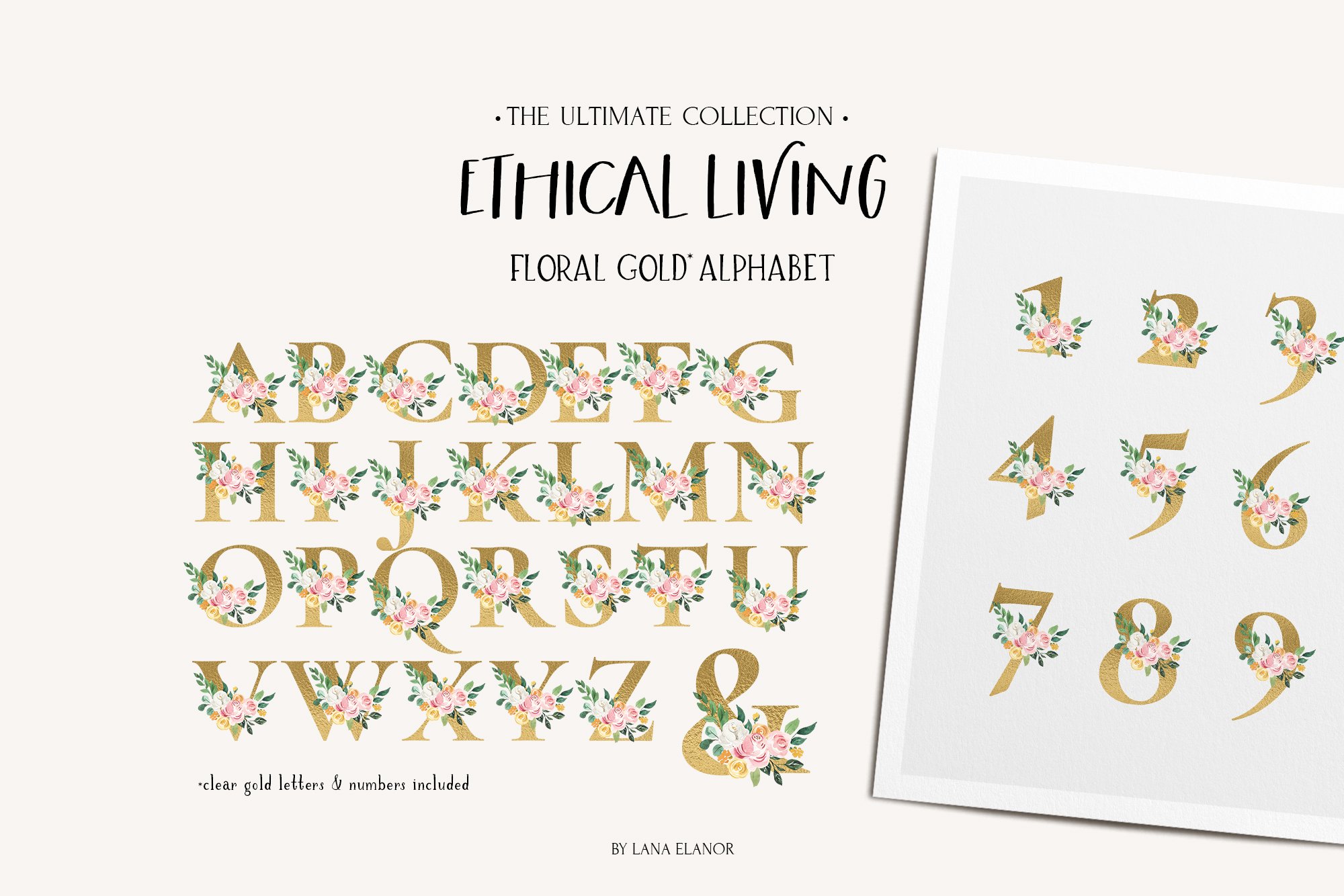 This ultimate collection includes floral gold alphabet.