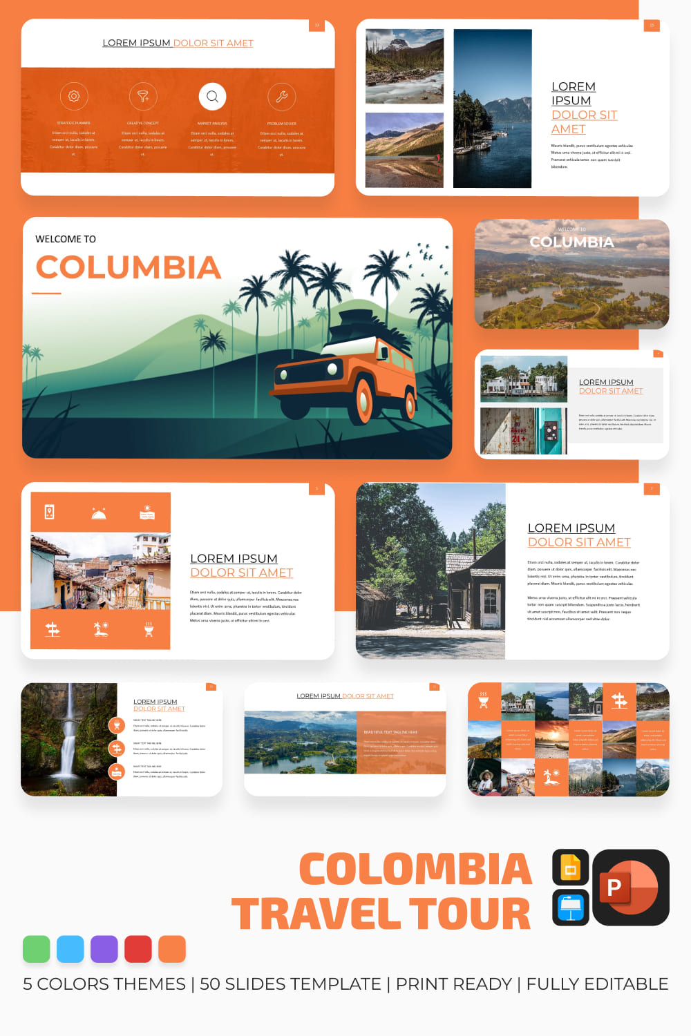 Сolombia Travel Presentation: 50 Slides PPTX, KEY, Google Slides.
