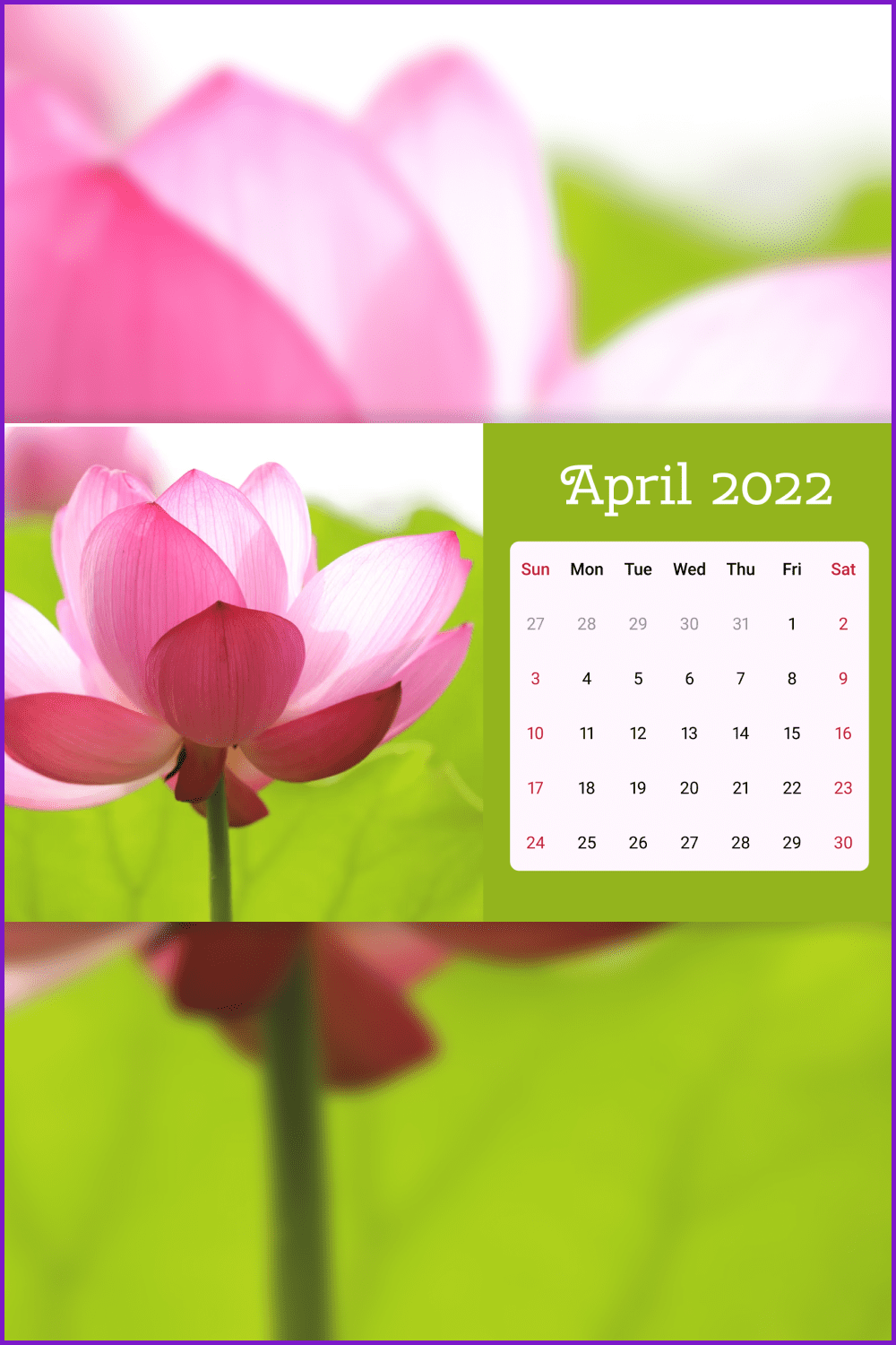 Bright green calendar with pink flower.