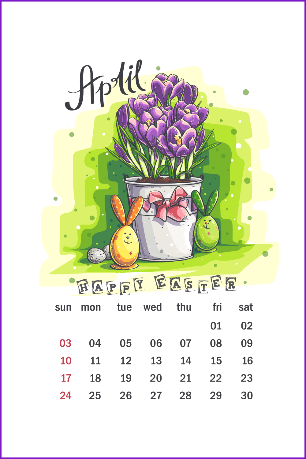 Calendar with cute flowers and easter eggs.