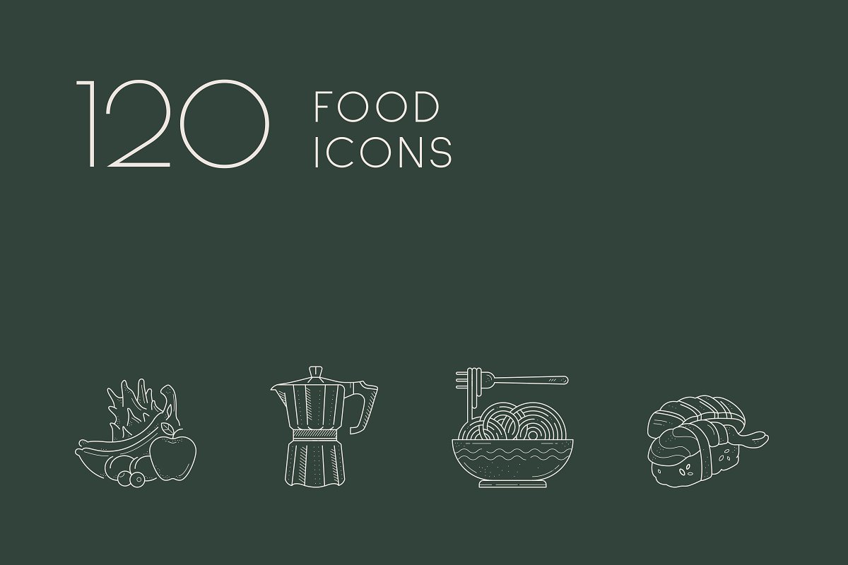 This bundle includes 120 Food icons.