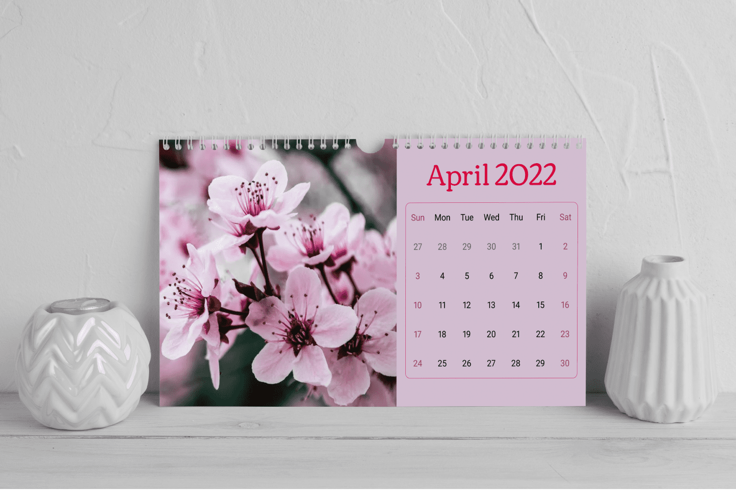 Purple Printable April Calendar for 2022 with Blooming Cherry.