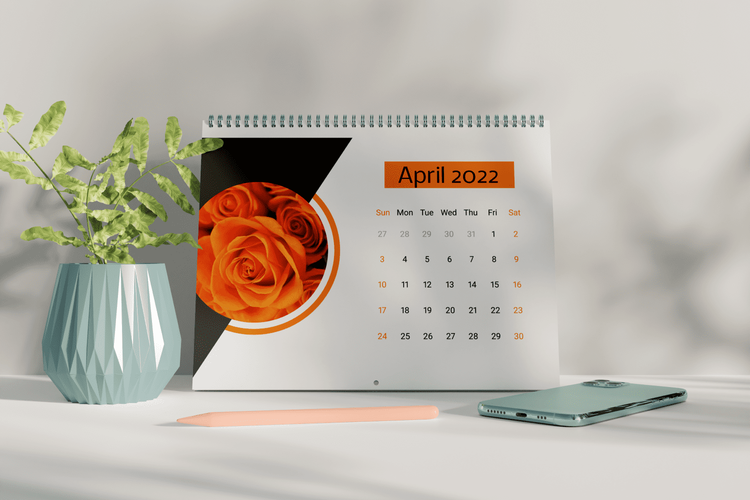 Minimalistic April 2022 Calendar with an Orange Rose.