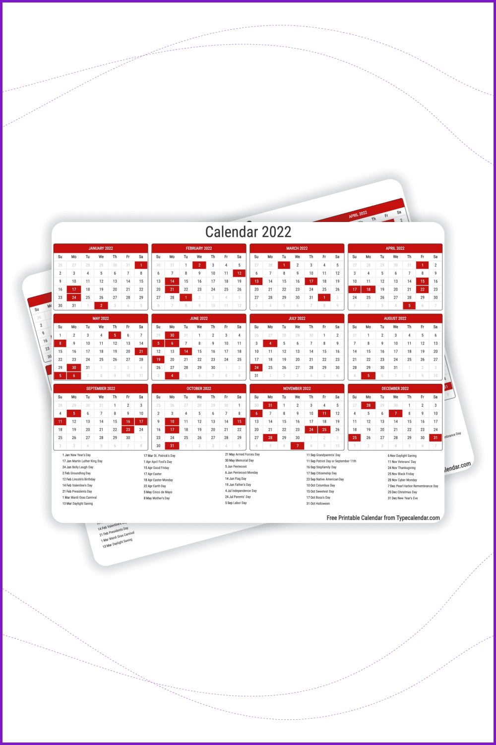 White Red Calendar with full US holidays dates.