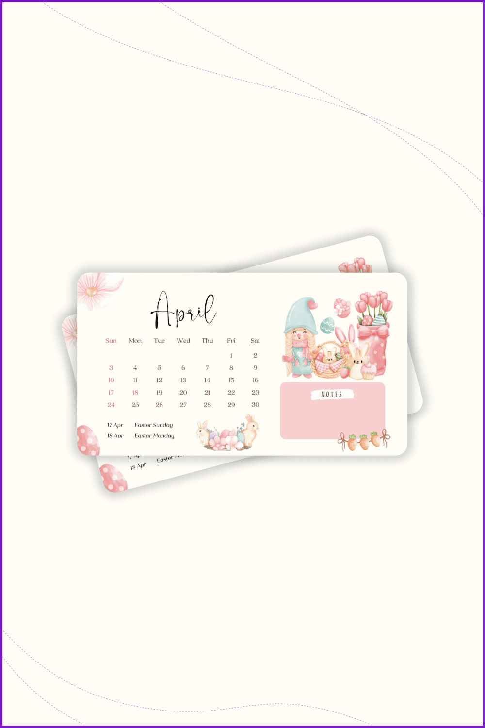 Cute calendar with drawing girl and bunnies.