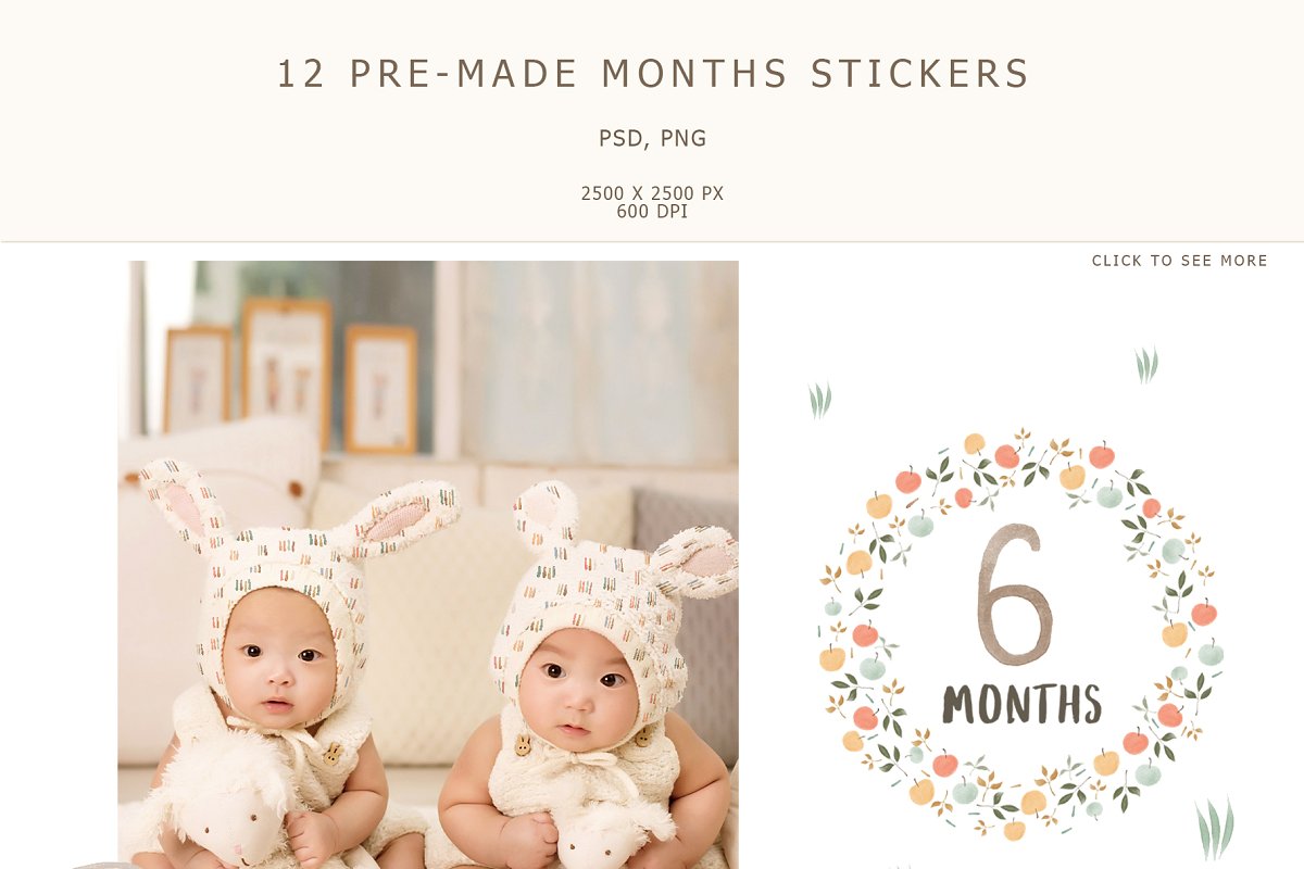 This bundle includes 12 pre-made month stickers.