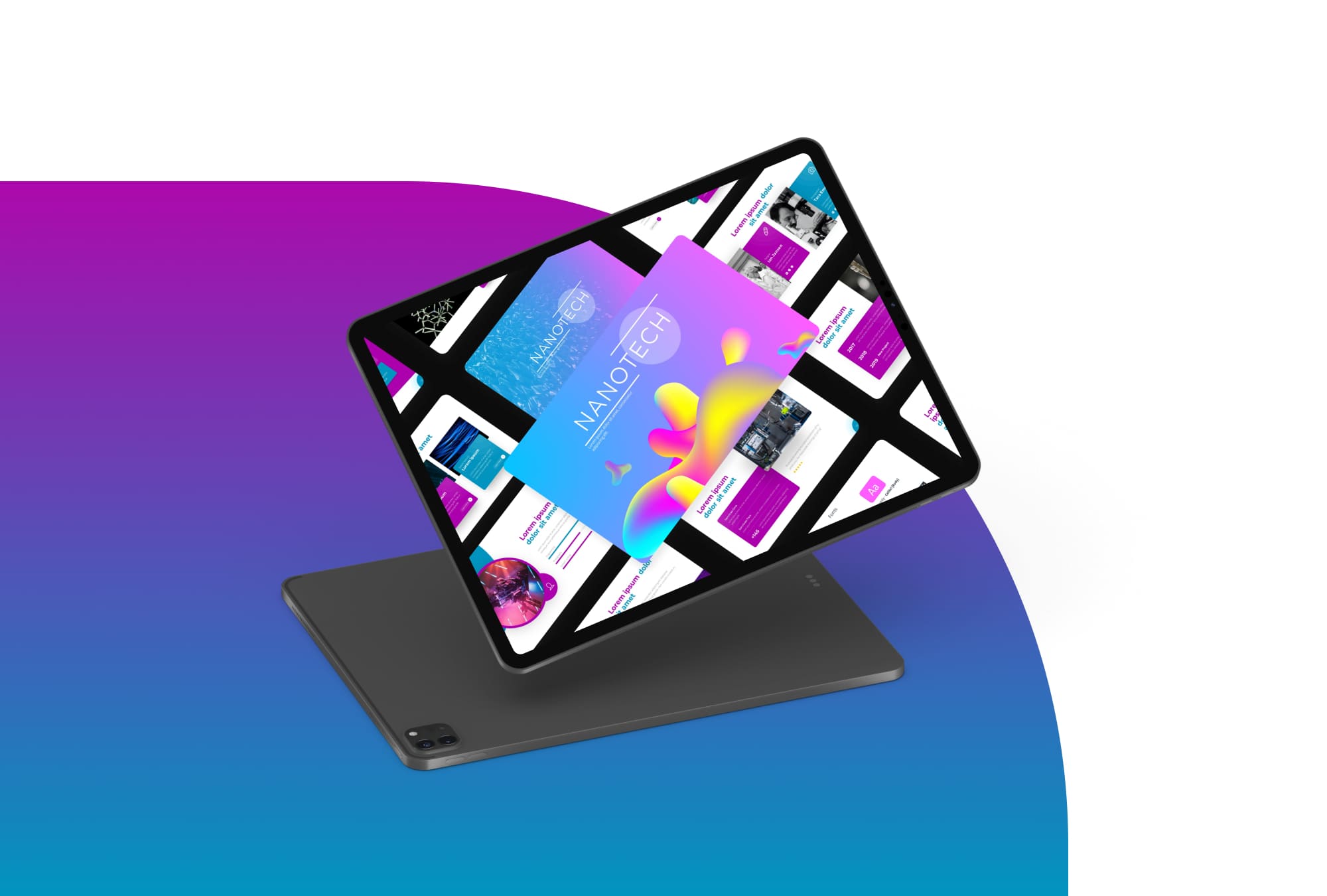 Nano Technology Presentation: 50 Slides PPTX, KEY, Google Slides - tablet option.