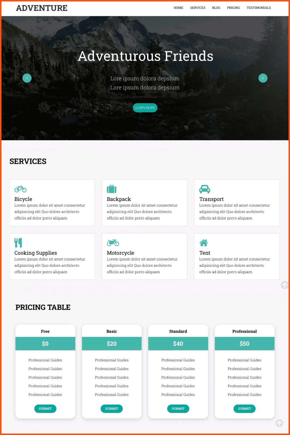 Simple page with services and pricing table.