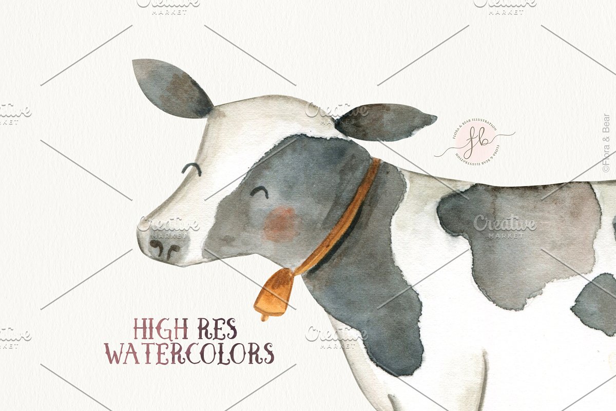 This Watercolor Clipart Set with Farm animals has 40 high-res hand painted items.