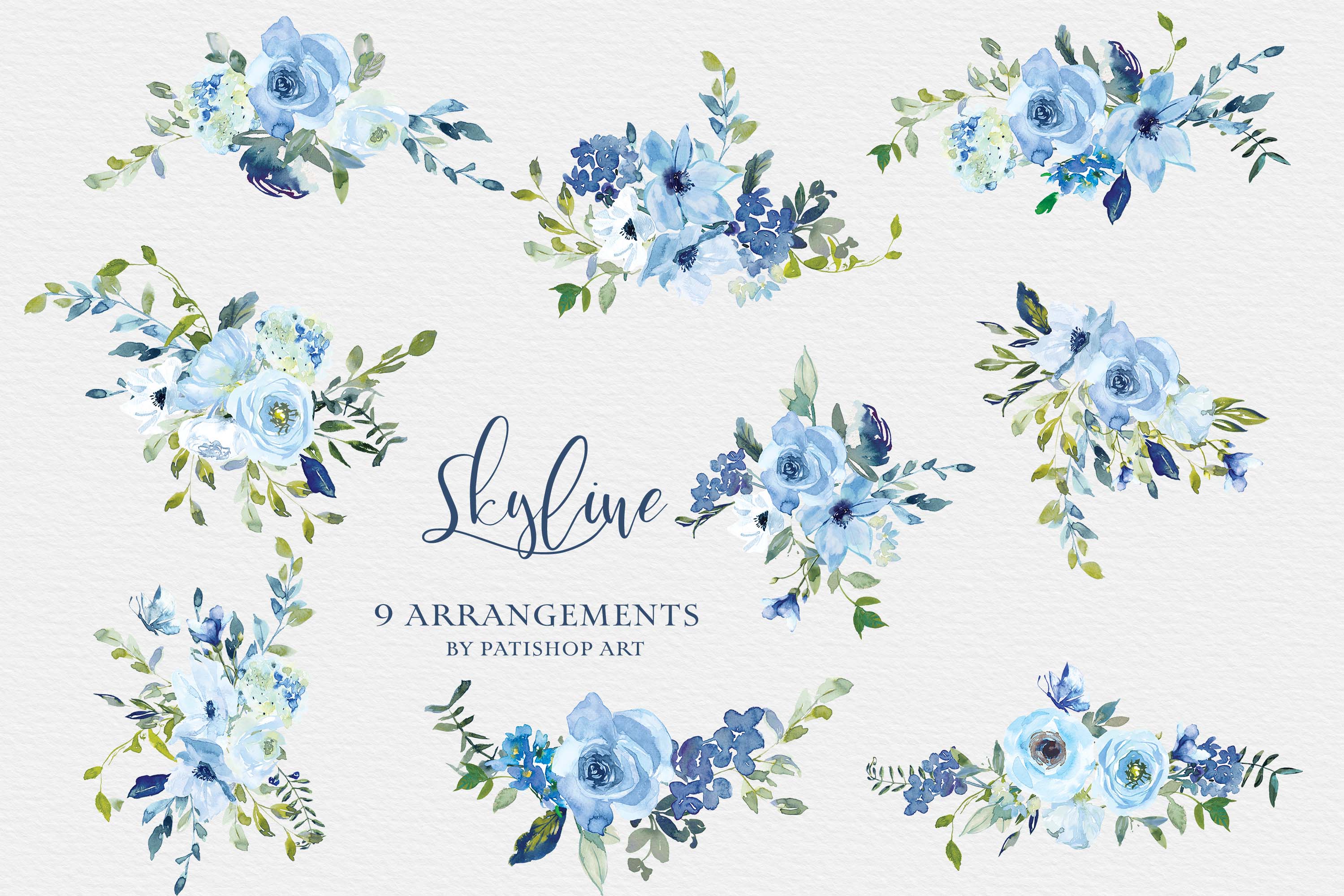 Watercolor Blue Flowers Clipart Collection