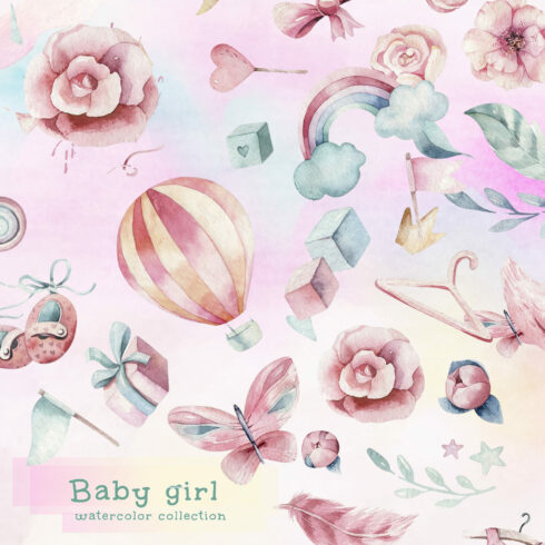 This set of high quality hand painted watercolor baby girl's world elements.