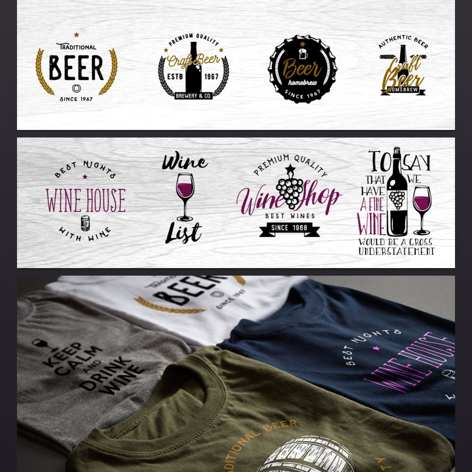 There is a collection of 16 vintage beer (8) and wine (8) themed badges, labels, logotypes, emblems and design elements.