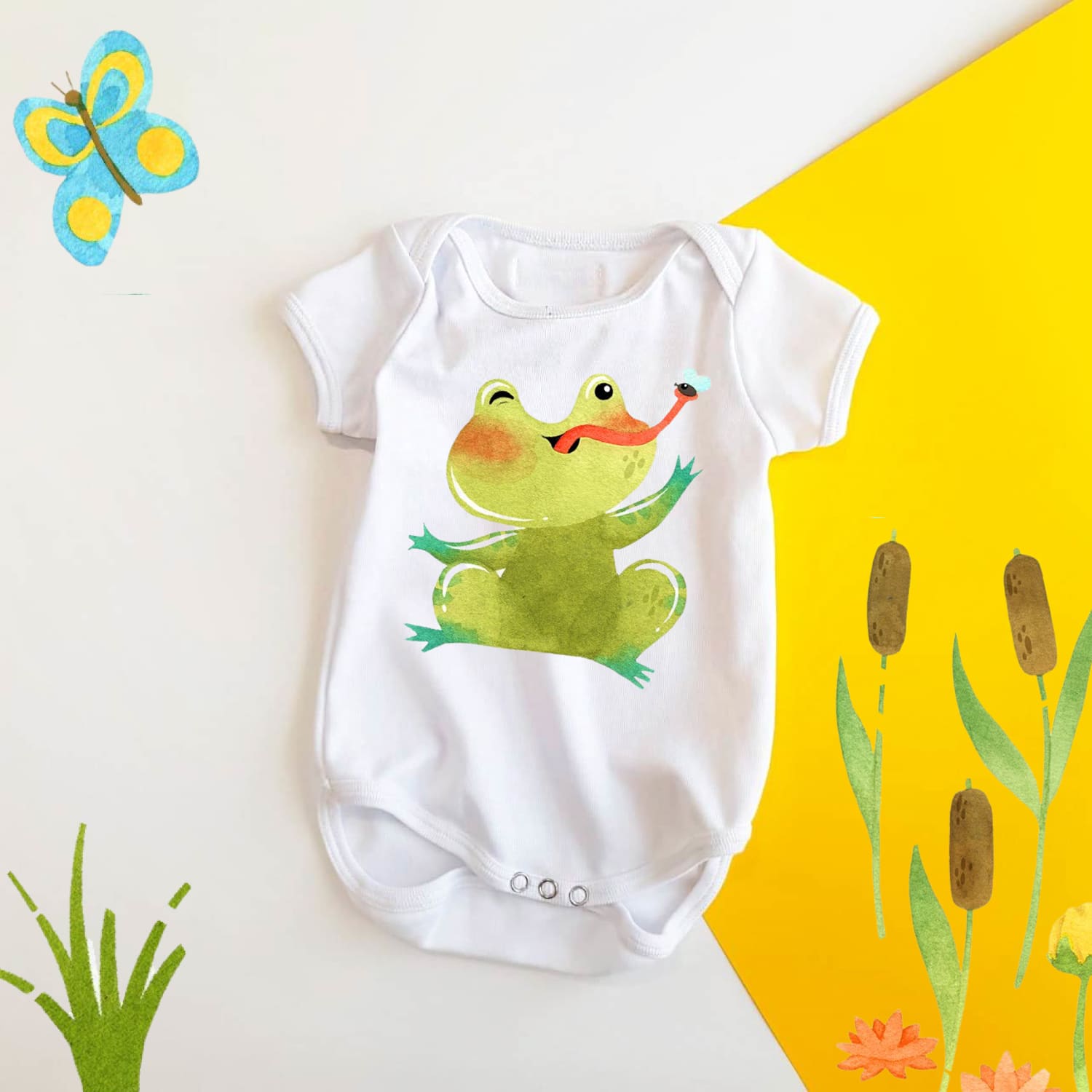 Hand-drawn Watercolor Cheerful Toad, Frog Collection of clipart and seamless patterns with cute toad.