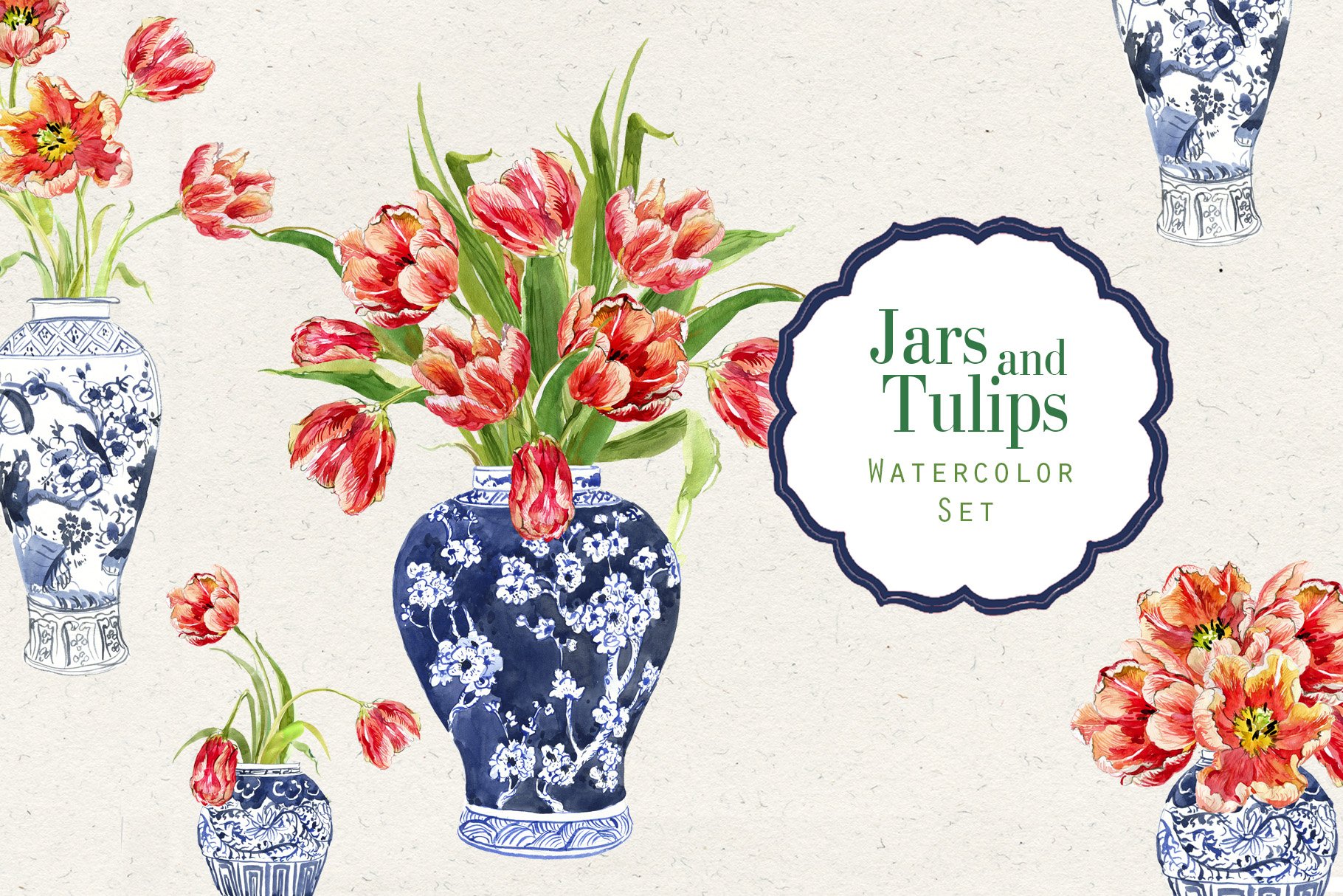 Jars and Tulips. Watercolor Set.
