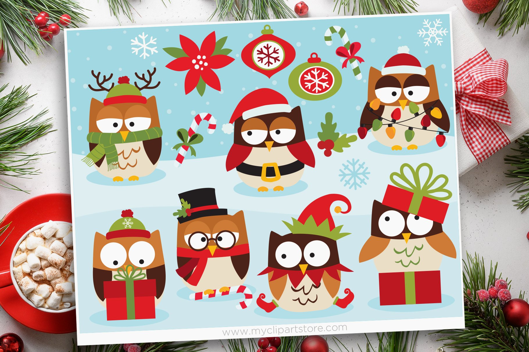 Christmas Owls Clipart, SVG.